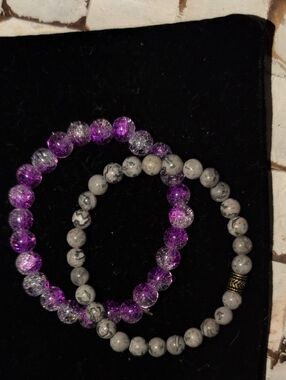 Purple Crackle and Gray Stone Beaded Bracelet Set - New
